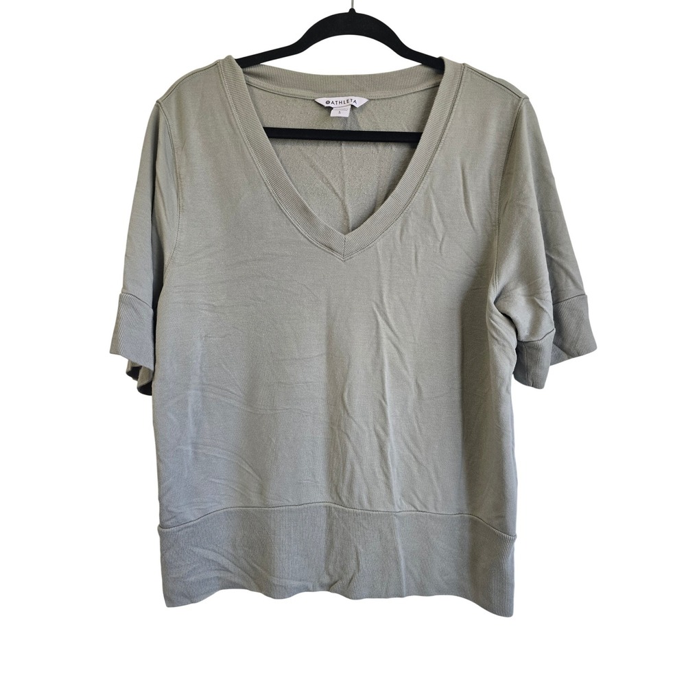 Athleta Sage Green V-Neck Short Sleeve French Terry Sweatshirt Top Womens Large‎